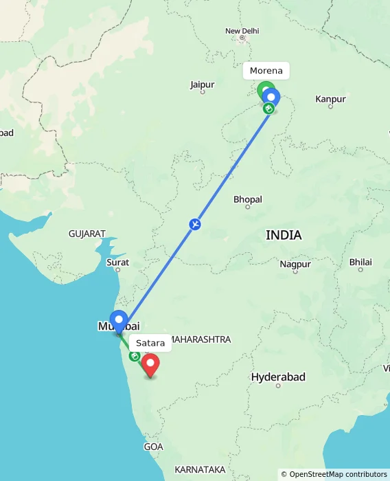 Route map showing distance and travel time from Morena, India to Satara, India