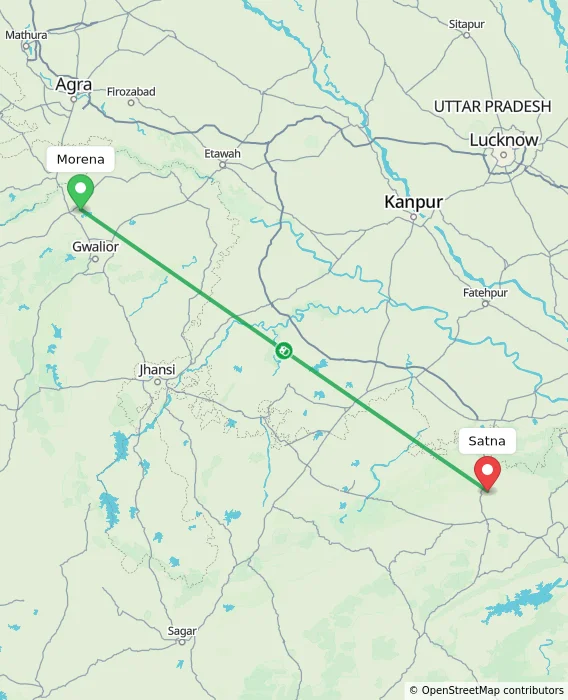 Route map showing distance and travel time from Morena, India to Satna, India