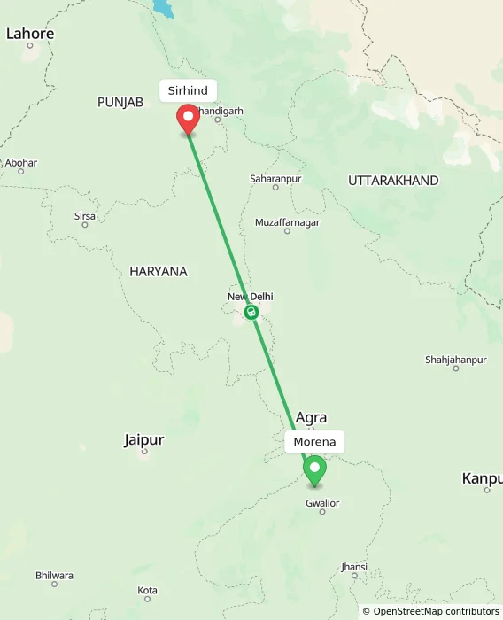 Route map showing distance and travel time from Morena, India to Sirhind, India