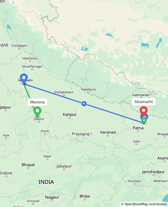 Route map showing distance and travel time from Morena, India to Sitamarhi, India