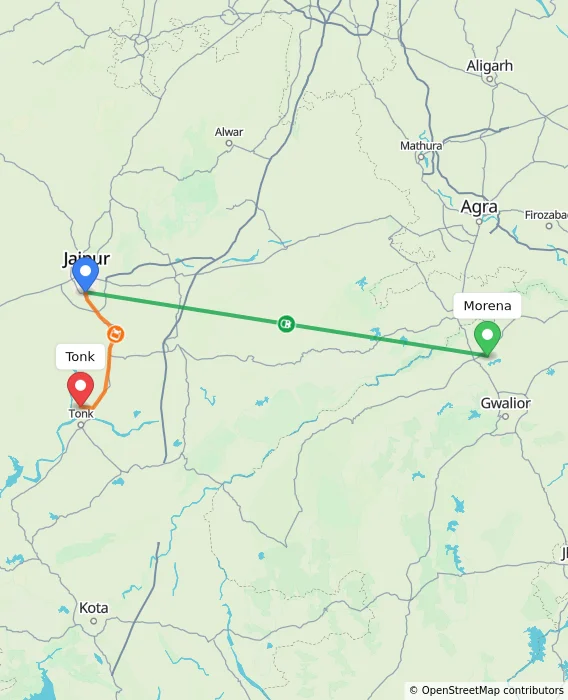 Route map showing distance and travel time from Morena, India to Tonk, India