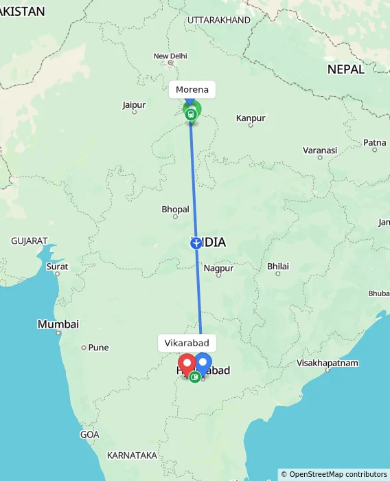 Route map showing distance and travel time from Morena, India to Vikarabad, India