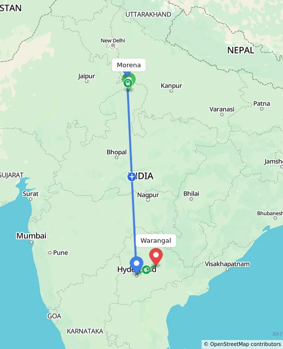 Route map showing distance and travel time from Morena, India to Warangal, India
