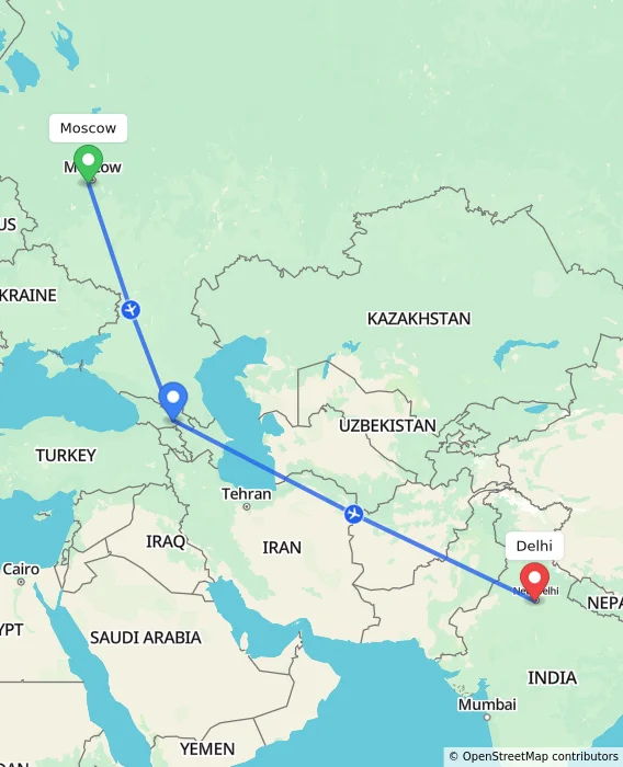Route map showing distance and travel time from Moscow, Russian Federation to Delhi, India