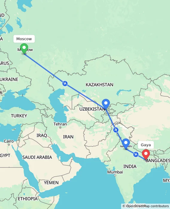 Route map showing distance and travel time from Moscow, Russian Federation to Gaya, India