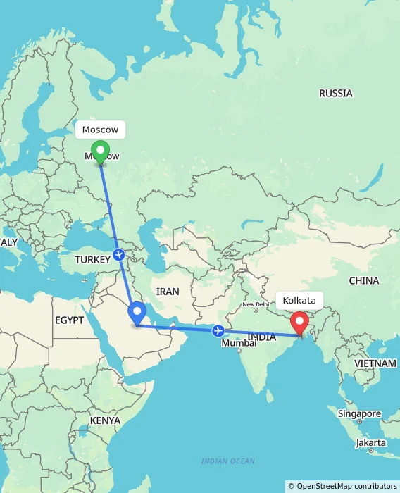 Route map showing distance and travel time from Moscow, Russian Federation to Kolkata, India