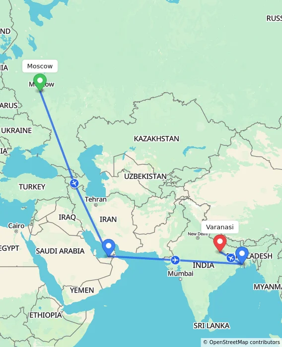 Route map showing distance and travel time from Moscow, Russian Federation to Varanasi, India