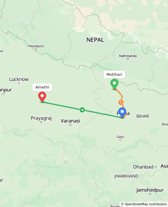 Route map showing distance and travel time from Motihari, India to Amethi, India