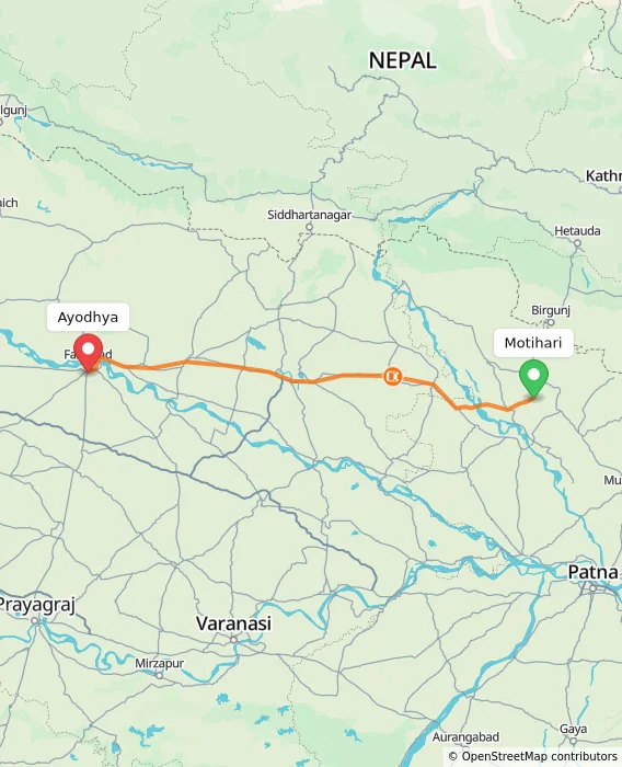 Route map showing distance and travel time from Motihari, India to Ayodhya, India