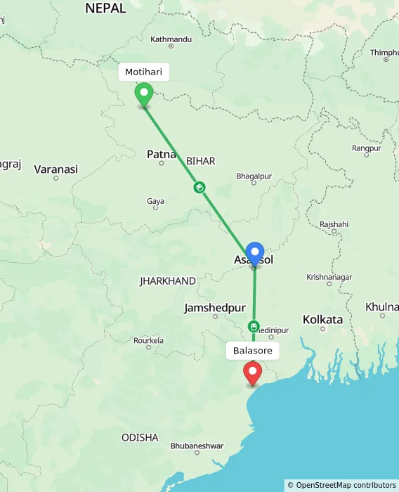 Route map showing distance and travel time from Motihari, India to Balasore, India