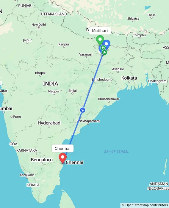 Route map showing distance and travel time from Motihari, India to Chennai, India