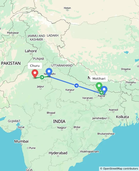 Route map showing distance and travel time from Motihari, India to Churu, India