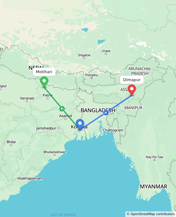Route map showing distance and travel time from Motihari, India to Dimapur, India