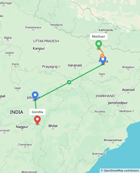 Route map showing distance and travel time from Motihari, India to Gondia, India