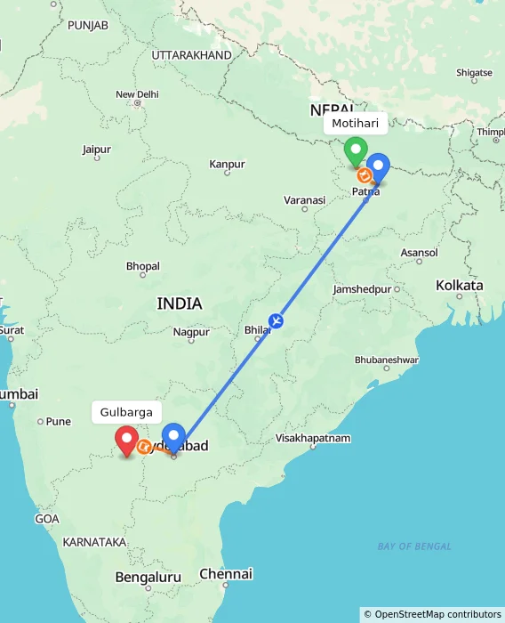 Route map showing distance and travel time from Motihari, India to Gulbarga, India