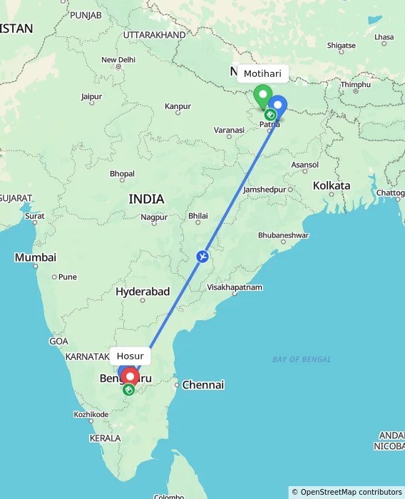 Route map showing distance and travel time from Motihari, India to Hosur, India