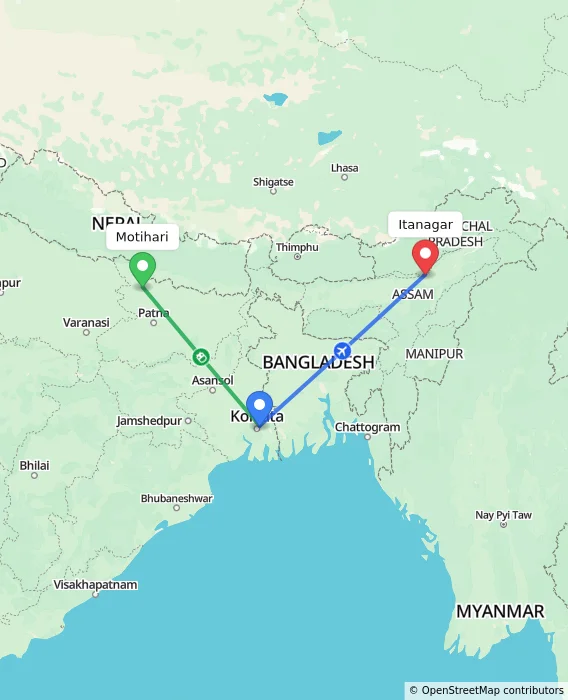 Route map showing distance and travel time from Motihari, India to Itanagar, India
