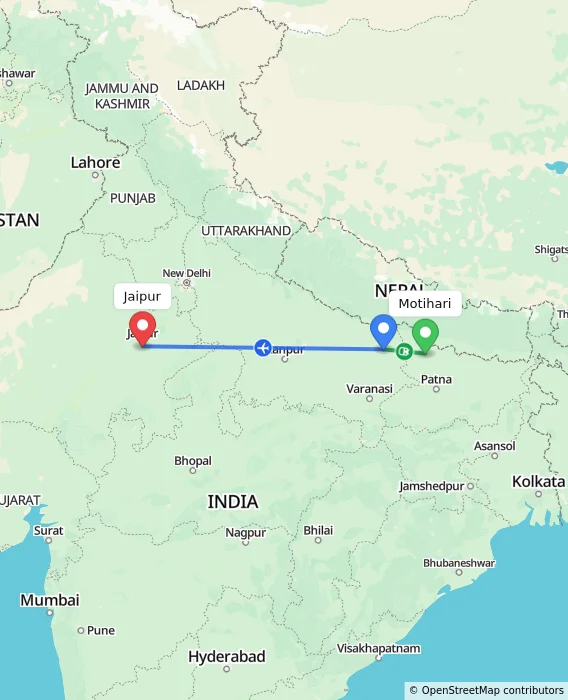 Route map showing distance and travel time from Motihari, India to Jaipur, India