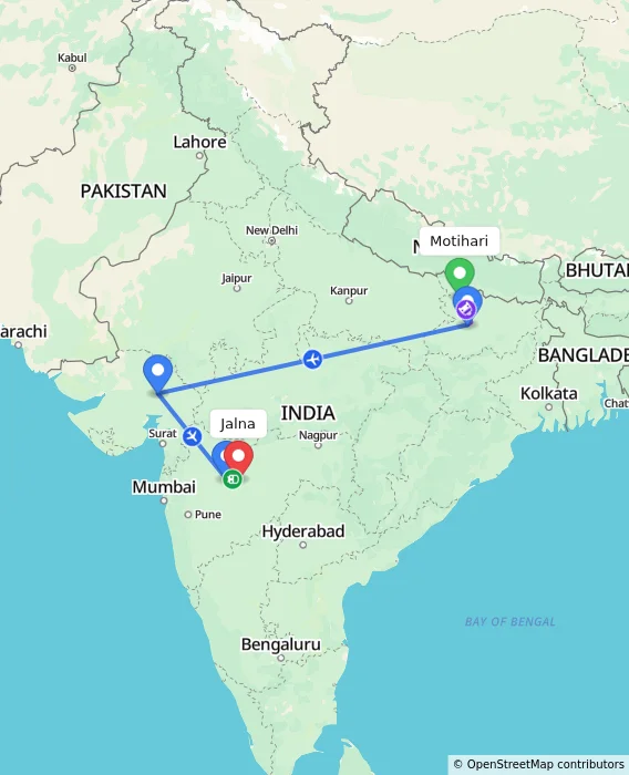 Route map showing distance and travel time from Motihari, India to Jalna, India