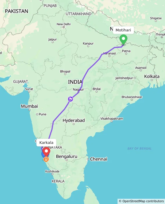 Route map showing distance and travel time from Motihari, India to Karkala, India