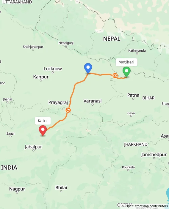 Route map showing distance and travel time from Motihari, India to Katni, India