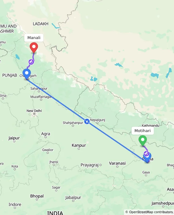 Route map showing distance and travel time from Motihari, India to Manali, India