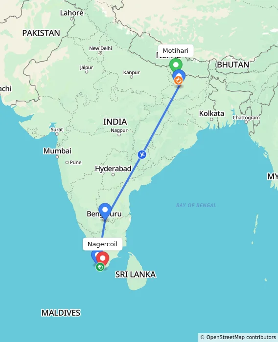 Route map showing distance and travel time from Motihari, India to Nagercoil, India