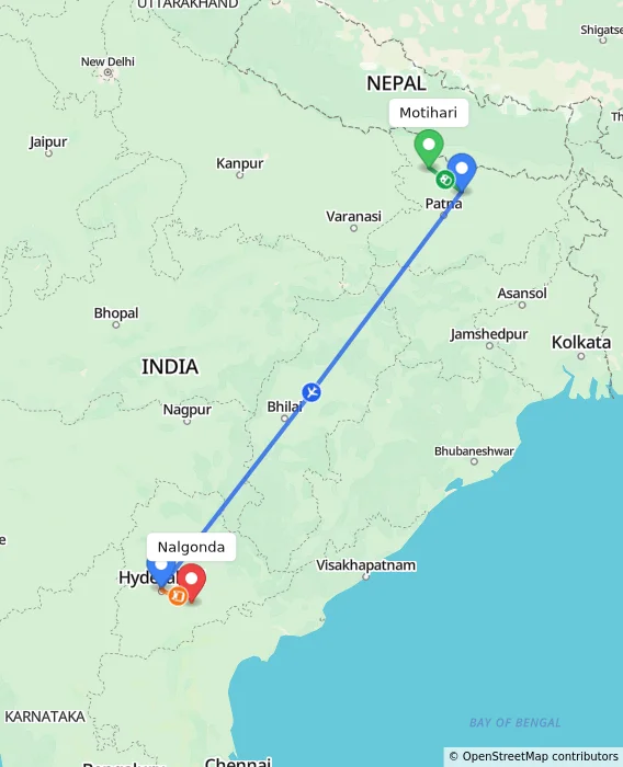 Route map showing distance and travel time from Motihari, India to Nalgonda, India
