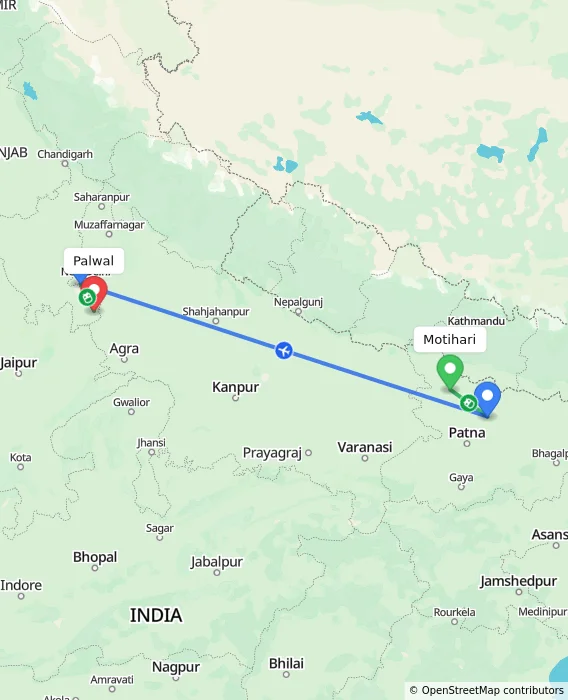 Route map showing distance and travel time from Motihari, India to Palwal, India