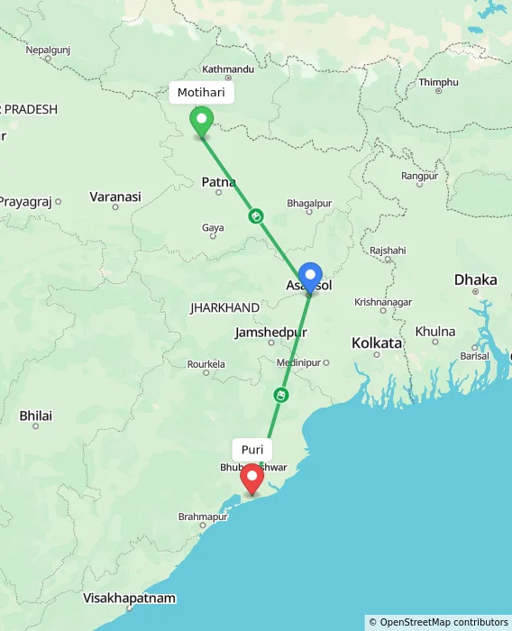 Route map showing distance and travel time from Motihari, India to Puri, India