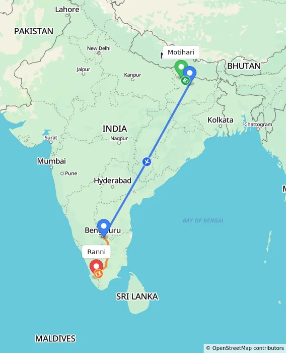 Route map showing distance and travel time from Motihari, India to Ranni, India
