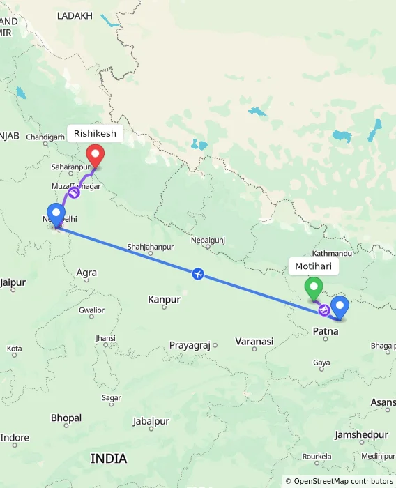 Route map showing distance and travel time from Motihari, India to Rishikesh, India