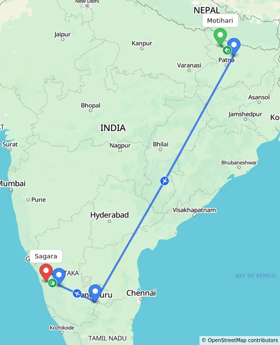 Route map showing distance and travel time from Motihari, India to Sagara, India