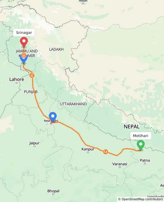 Route map showing distance and travel time from Motihari, India to Srinagar, India