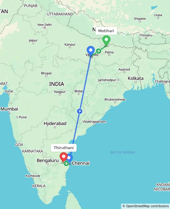 Route map showing distance and travel time from Motihari, India to Thiruthani, India