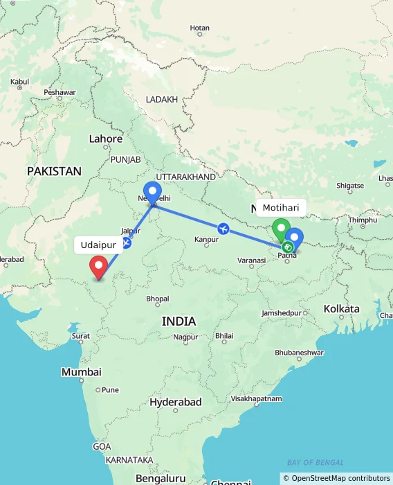 Route map showing distance and travel time from Motihari, India to Udaipur, India