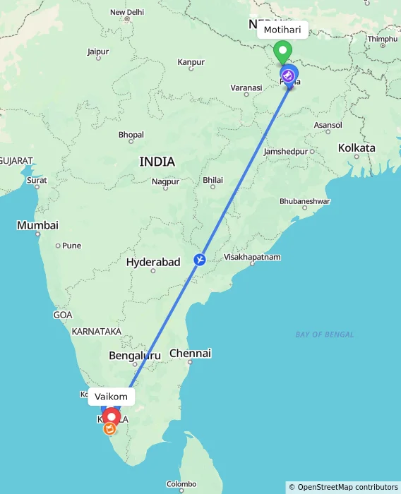 Route map showing distance and travel time from Motihari, India to Vaikom, India
