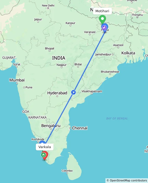 Route map showing distance and travel time from Motihari, India to Varkala, India