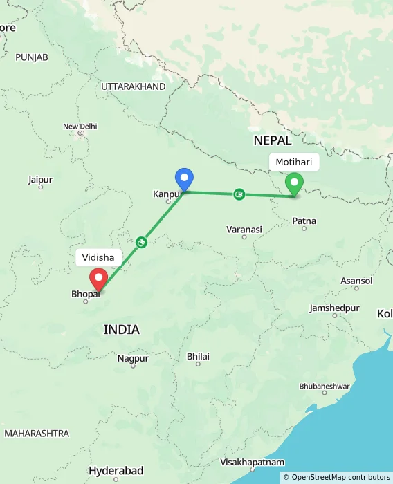 Route map showing distance and travel time from Motihari, India to Vidisha, India