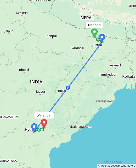 Route map showing distance and travel time from Motihari, India to Warangal, India