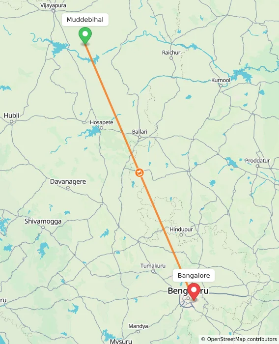 Route map showing distance and travel time from Muddebihal, India to Bangalore, India