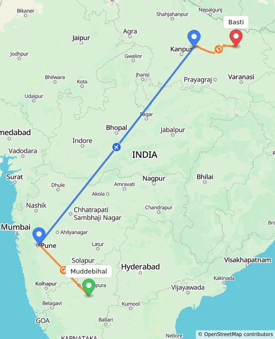 Route map showing distance and travel time from Muddebihal, India to Basti, India