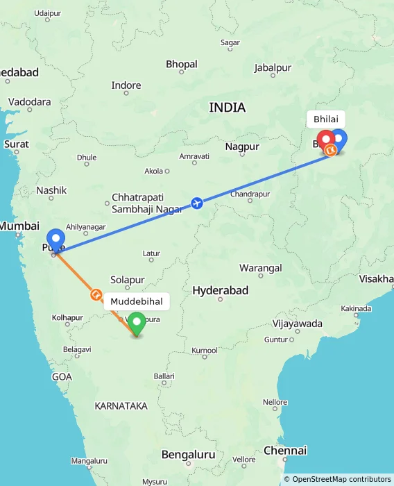 Route map showing distance and travel time from Muddebihal, India to Bhilai, India