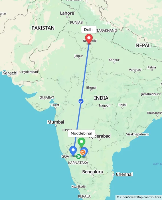 Route map showing distance and travel time from Muddebihal, India to Delhi, India