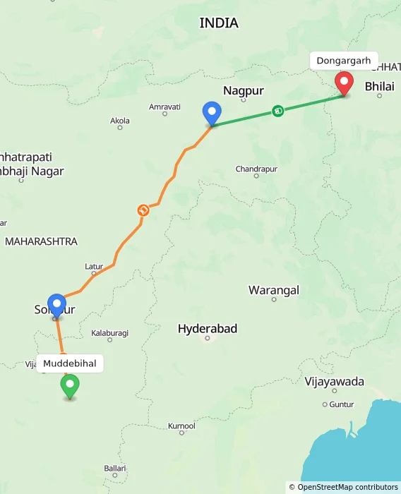 Route map showing distance and travel time from Muddebihal, India to Dongargarh, India
