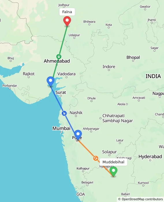 Route map showing distance and travel time from Muddebihal, India to Falna, India