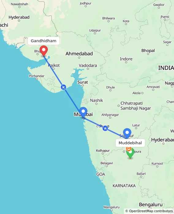 Route map showing distance and travel time from Muddebihal, India to Gandhidham, India