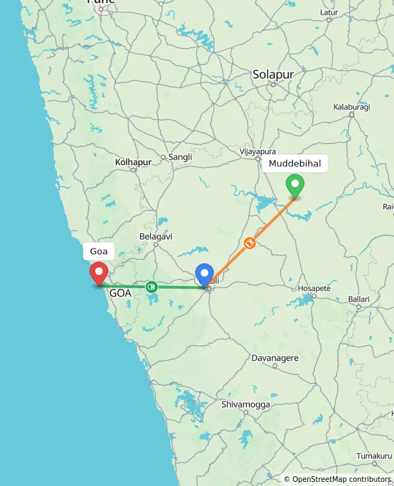 Route map showing distance and travel time from Muddebihal, India to Goa, India