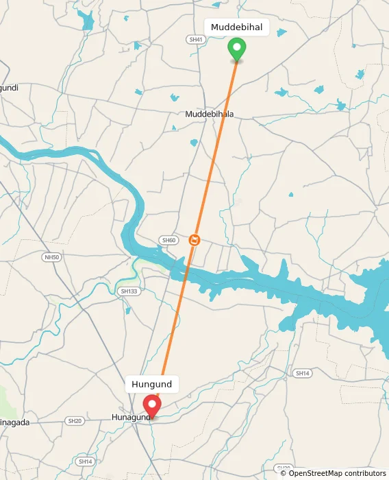 Route map showing distance and travel time from Muddebihal, India to Hungund, India
