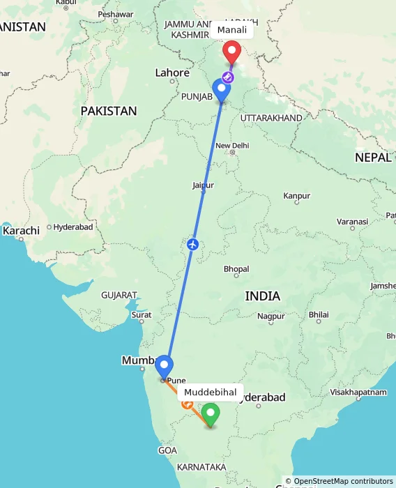 Route map showing distance and travel time from Muddebihal, India to Manali, India